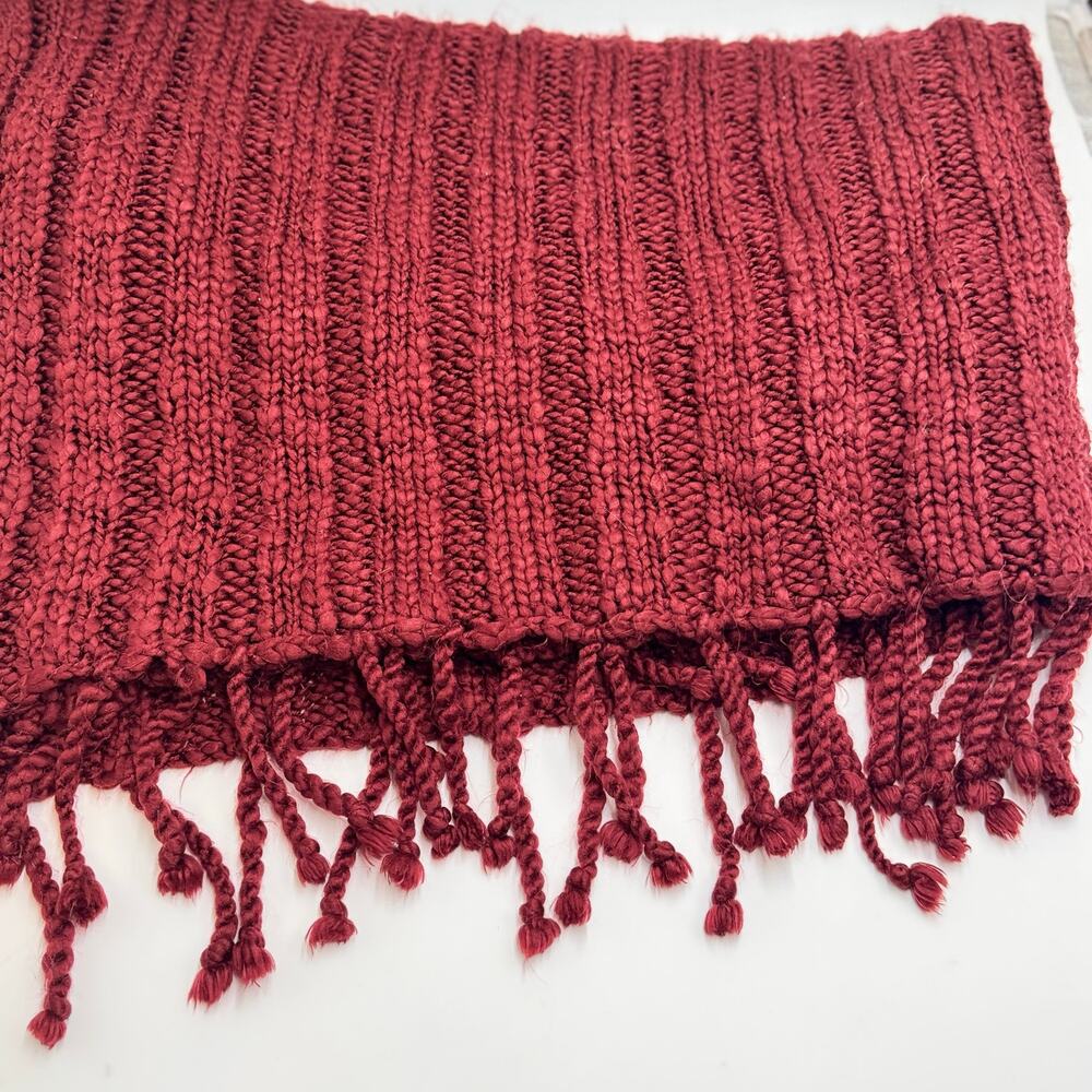 Pier 1 Imports Burgundy Knit Throw Blanket Fringe Soft Cozy Home Decor 54x59 - Picture 2 of 7
